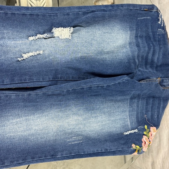 Angel Kiss Blue and Pink Straight Leg Pants with Floral Embroidery - Picture 3 of 5